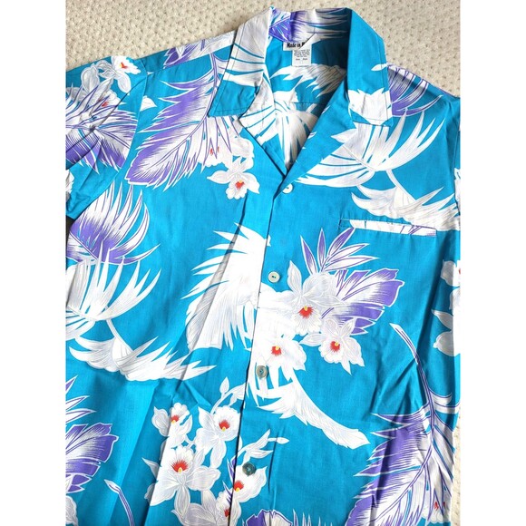 VTG Hawaiian Made Shirt Mens Blue Floral Flowers Button Up Short Sleeve USA ,M - Picture 2 of 7